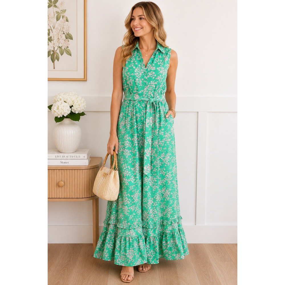 Draper James RSVP Green Floral Linen Blend Sleeveless Maxi Dress XL Tiered Belt